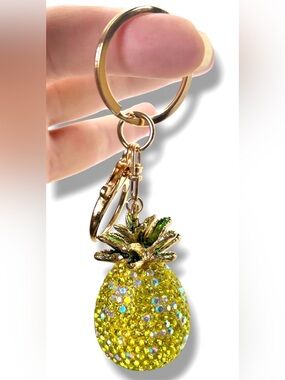 3D Figural Vibrant Yellow Rhinestone Pineapple Fruit Bag Charm Keychain New